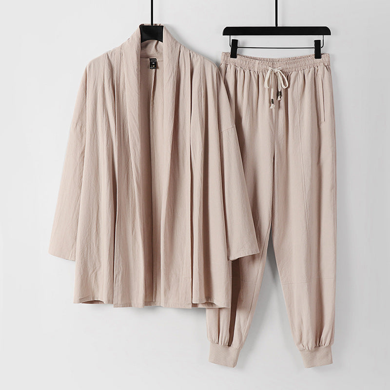 Unisex Luftiges Freizeit-Set im Kimono-Stil mit Schalkragenjacke und konisch zulaufender Joggerhose Drune
