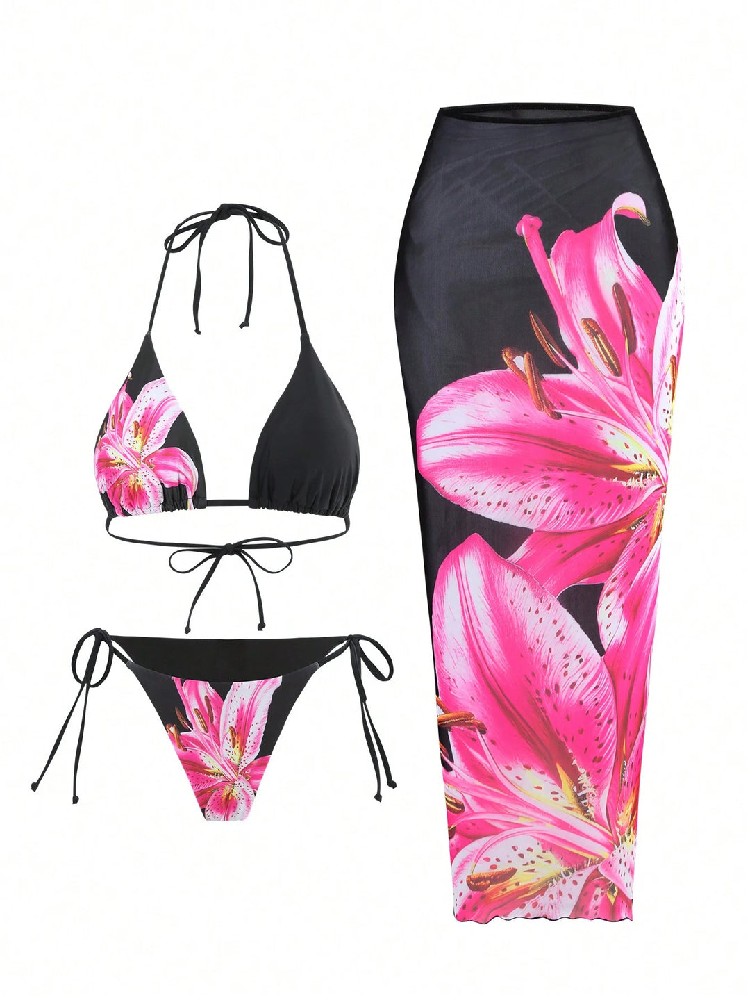 Damen Bikini-Set mit floralem Muster und passendem Wickelrock Drune