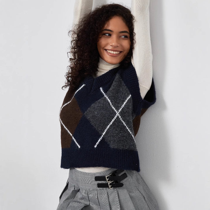 Damen Strickpullover mit modernem Rautenmuster Drune