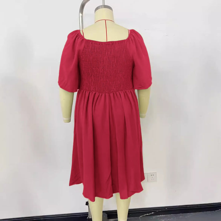 Damen A-Linien Midikleid mit Knoten-Detail, Puffärmeln und Knopfleiste Drune