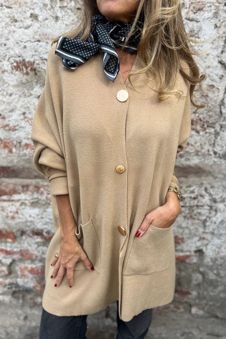 Drune | Lange Unifarbene Einreihige V-Ausschnitt Strickjacke Jacke