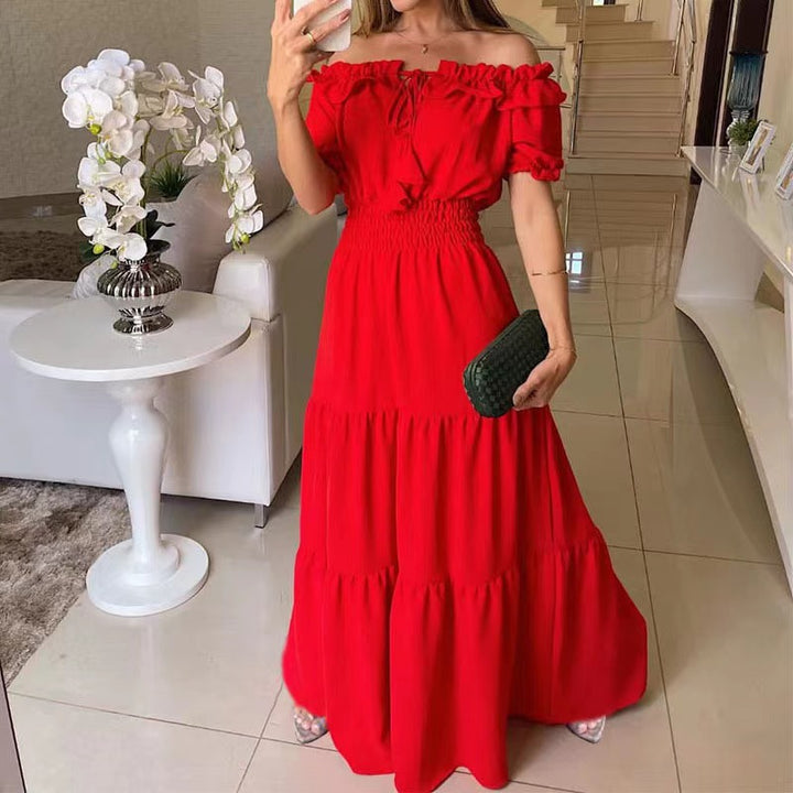 Damen Maxikleid mit schulterfreiem Design und voluminösen Rüschen Drune