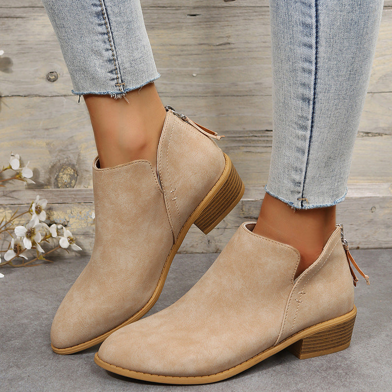 Damen Metallic-Ankleboots mit spitzer Kappe, Rückreißverschluss und niedrigem Blockabsatz Drune