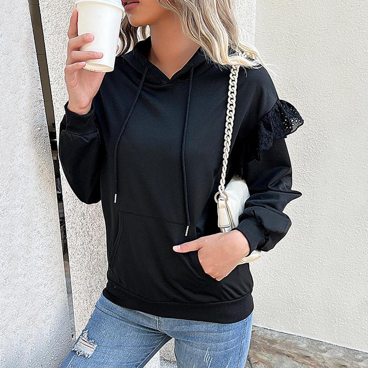 Damen Kapuzenpullover mit Spitzenvolant, Kängurutasche & Rippbündchen Drune
