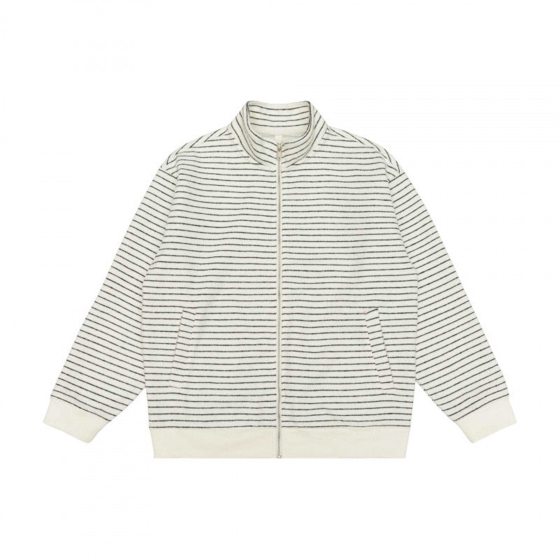 Unisex Gestreifte Strick-Zipjacke mit Stehkragen und aufgesetzten Eingrifftaschen Drune