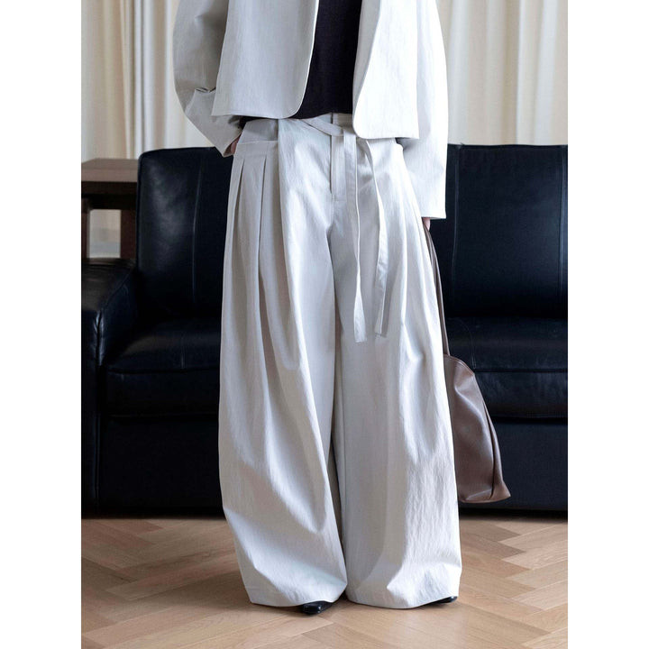 Damen Weite Bundfaltenhose mit hoher Taille und Bindegürtel Drune