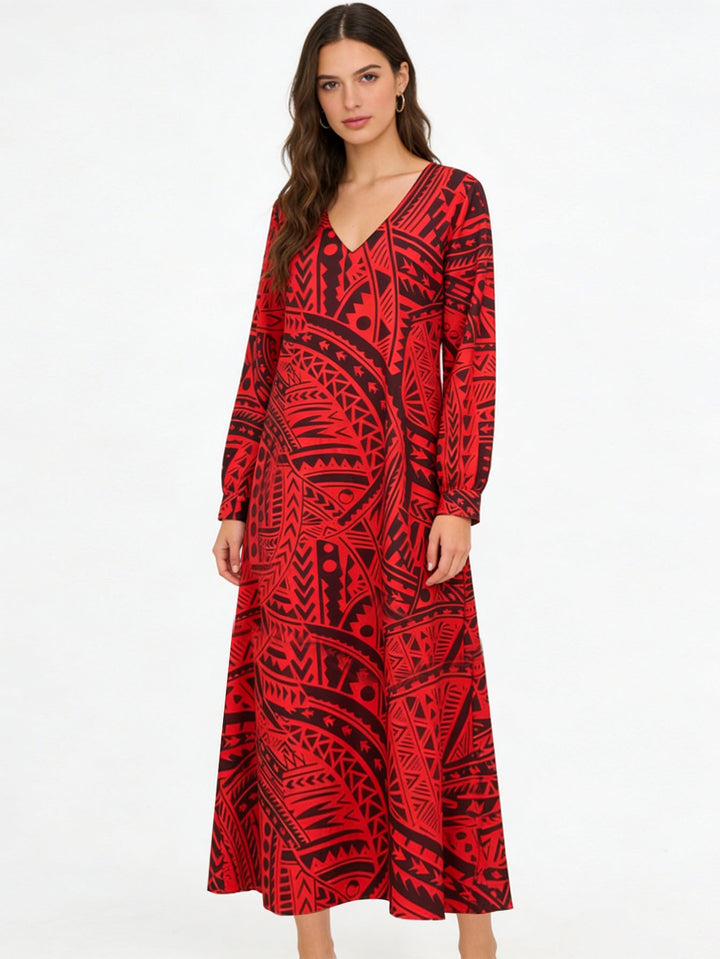 Damen Fließendes Maxikleid mit V-Ausschnitt, allover-geometrischem Print und weiter A-Linie Drune