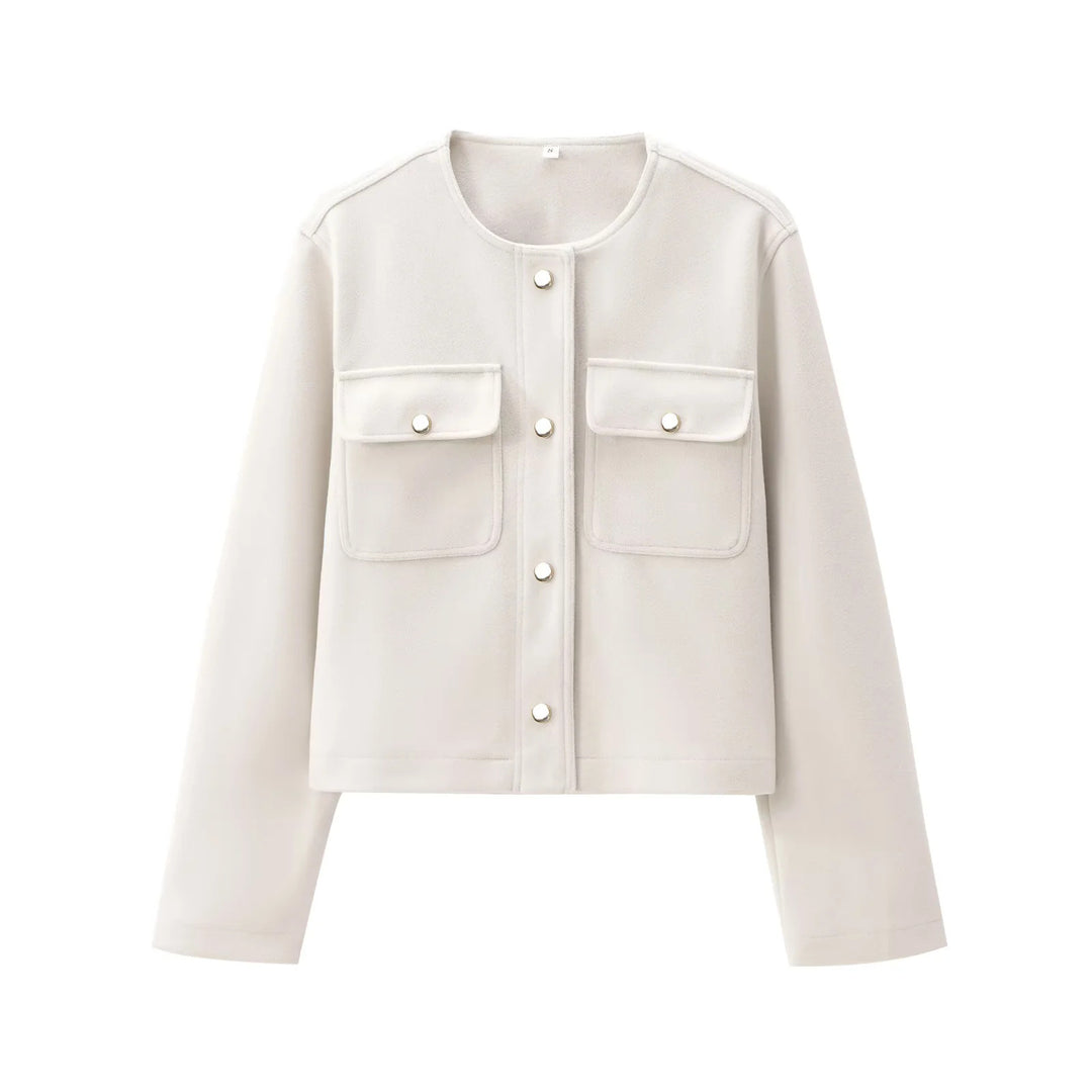 Damen nan kurz geschnittene Overshirt-Jacke mit Rundhals, Druckknopfleiste und aufgesetzten Pattentaschen Drune