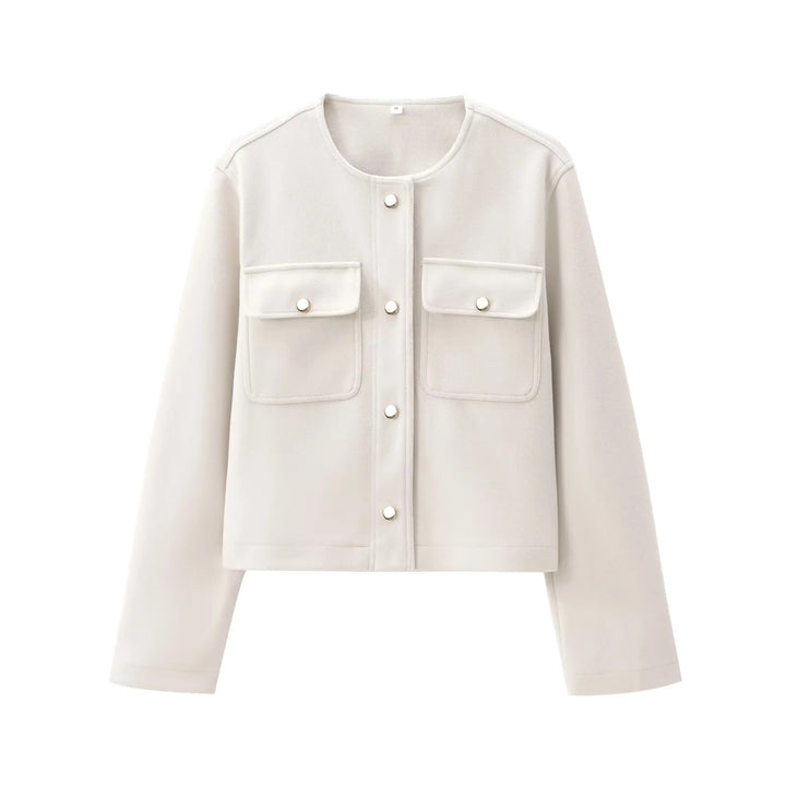 Damen nan kurz geschnittene Overshirt-Jacke mit Rundhals, Druckknopfleiste und aufgesetzten Pattentaschen Drune