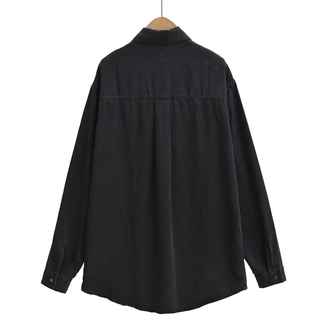 Damen lässige Langarmbluse mit praktischer Brusttasche und klassischem Kragen Drune