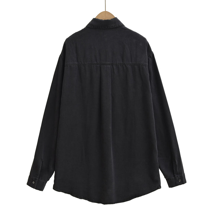 Damen lässige Langarmbluse mit praktischer Brusttasche und klassischem Kragen Drune