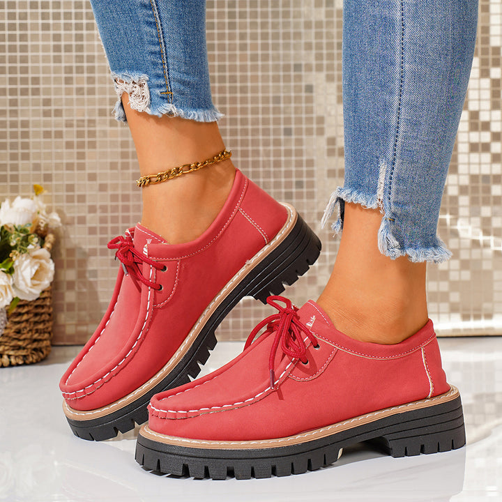 Damen elegante Derby-Schnürer aus Lederimitat mit Mokassinnaht und grober Profilsohle Drune