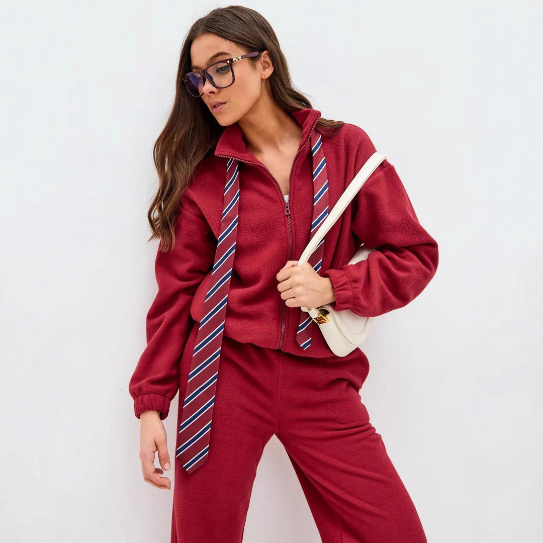 Damen ultrasoftes Microfleece-Set mit kurzer Stehkragen-Zipjacke und weitem High‑Waist Loungehose Drune