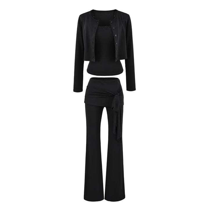 Damen dreiteiliges Lounge-Set mit kurzem Knopfcardigan, Spitzentop und Wickel-Schlaghose Drune