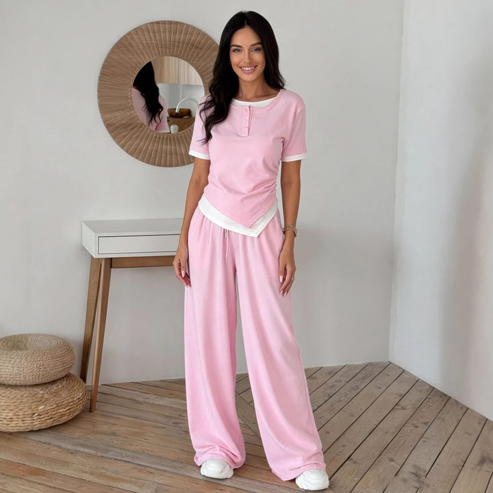 Damen elegantes Set aus Kurzarmshirt und weit geschnittenen Hosen Drune