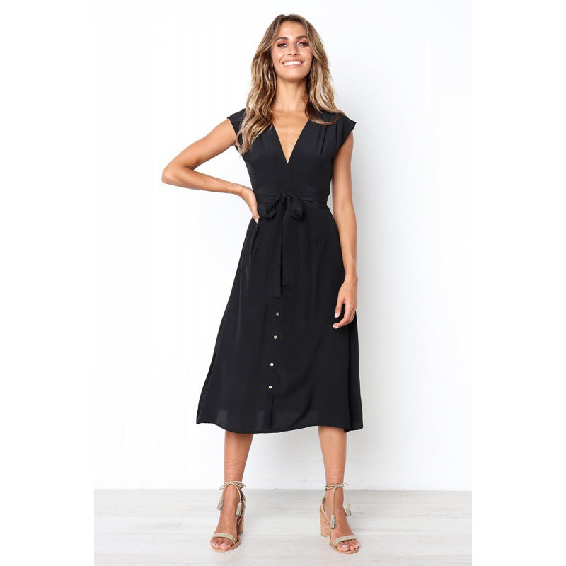 Damen Midi-Kleid mit schickem V-Ausschnitt und taillierendem Gürtel Drune