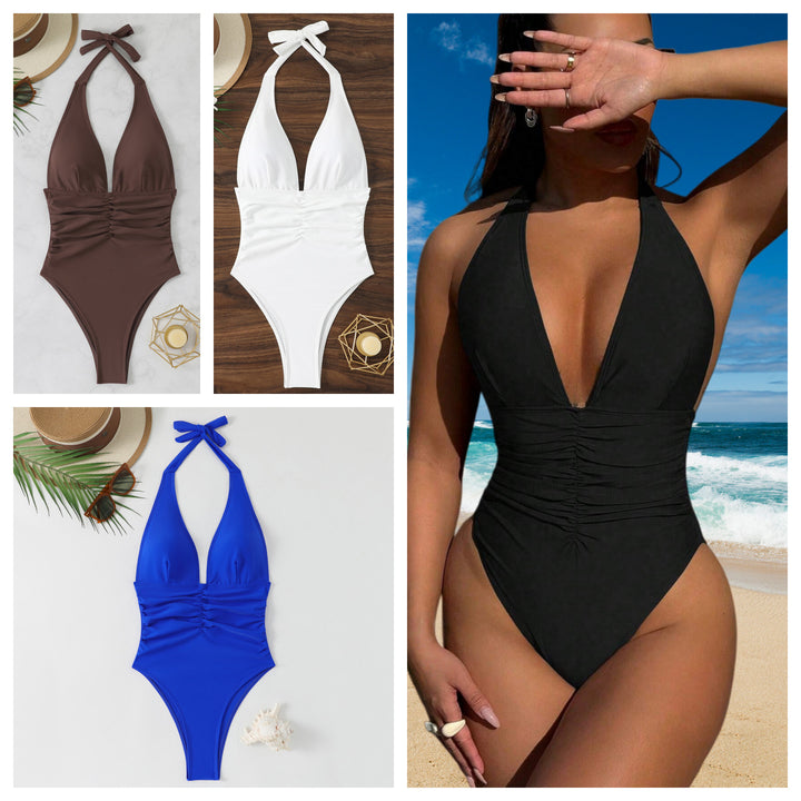Damen Hoch geschnittener Badeanzug mit elegantem V-Ausschnitt und verspieltem Rüschendetail Drune