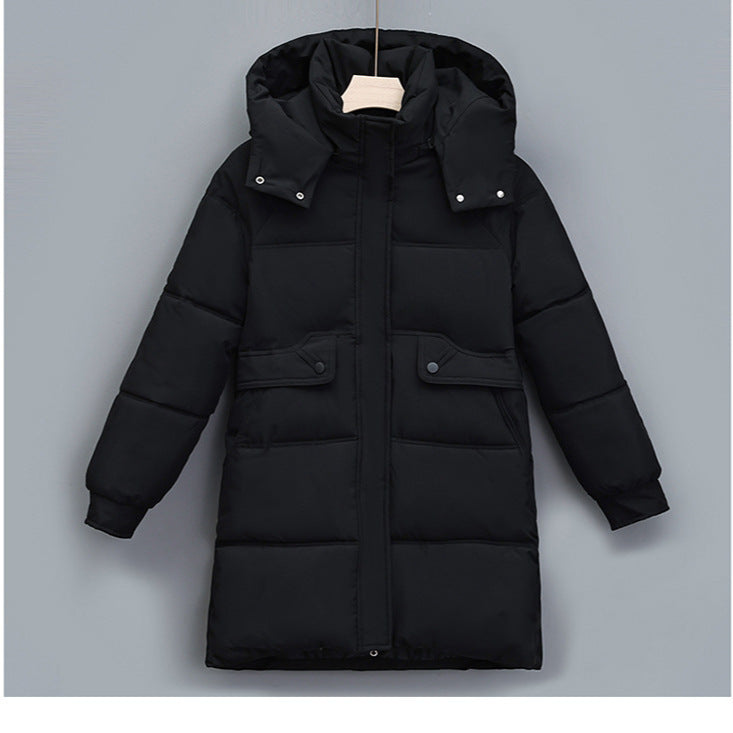 Damen nan langer thermogepolsterter Parka mit abnehmbarer Kapuze, verdecktem Reißverschluss und Klappentaschen Drune