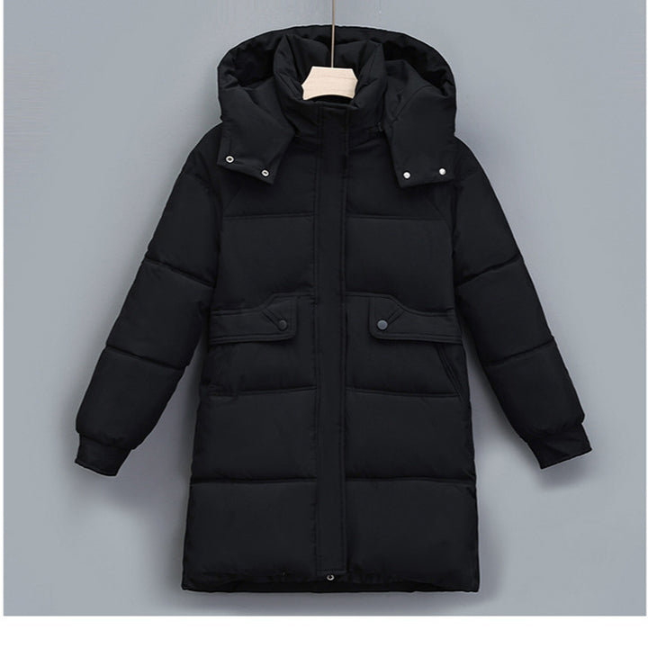 Damen nan langer thermogepolsterter Parka mit abnehmbarer Kapuze, verdecktem Reißverschluss und Klappentaschen Drune