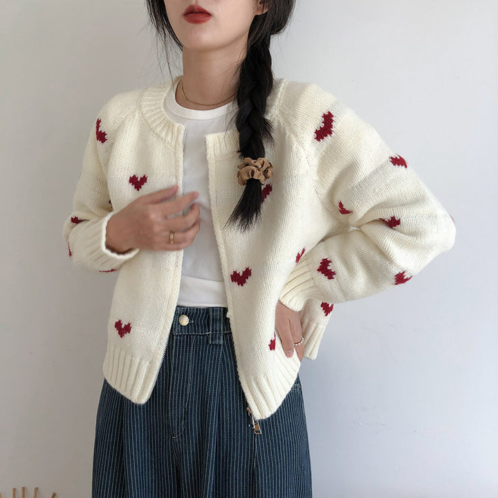 Damen gemütliche Strickjacke mit Herzmotiv und eleganter Knopfdetail Drune