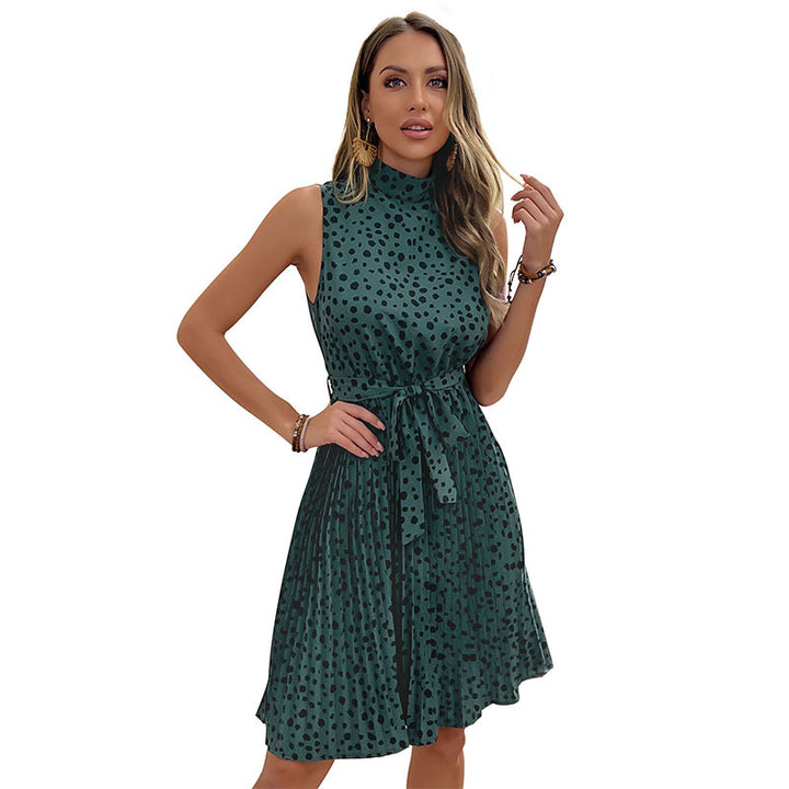 Damen ärmelloses Maxikleid mit elegantem hochgeschlossenem Design und taillierbarem Gürtel Drune