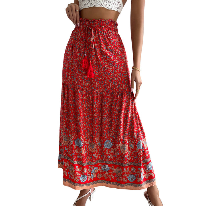 Damen nan leichter Stufen-Maxirock mit elastischem Rüschenbund, Kordel-Tassel und zartem Paisley-Print Drune