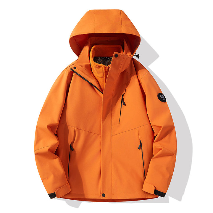 Herren dreilagige atmungsaktive Softshell-Trekkingjacke mit integriertem Fleecekragen und verstellbarer Kapuze Drune