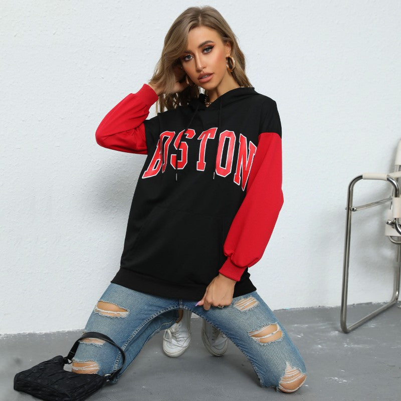 Damen Oversize Kapuzenpullover mit Blockingärmeln und Boston-Frontprint Drune