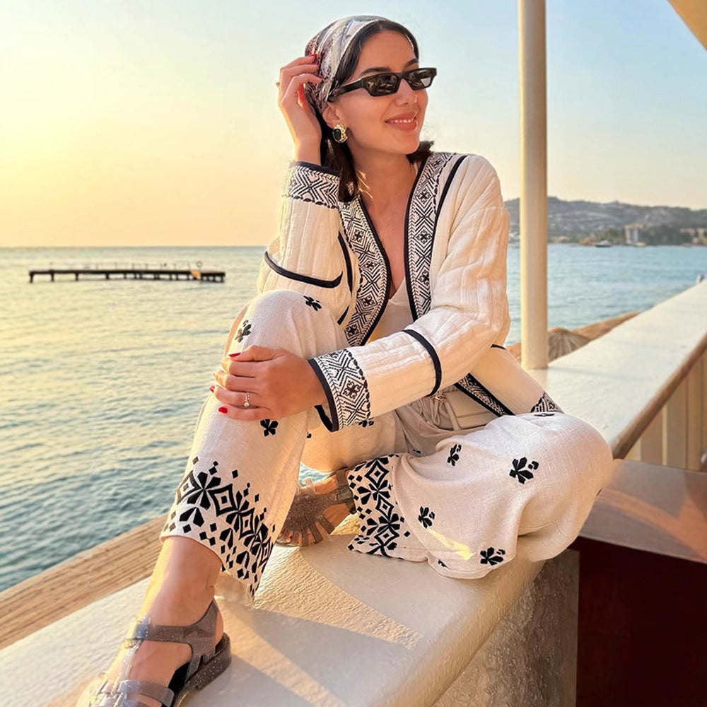 Damen Gestepptes Kimono-Cardigan mit geometrischer Stickbordüre Drune