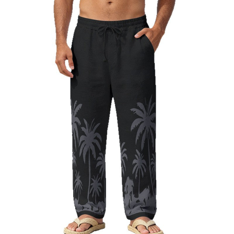 Herren Leinenoptik-Strandhose mit Palmenprint Relaxed-Fit und Kordelzug Drune