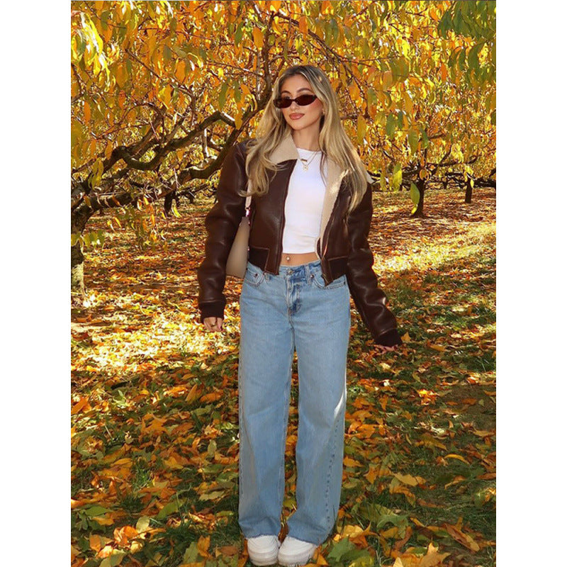 Damen cropped Lederjacke mit schickem Kunstfellkragen Drune