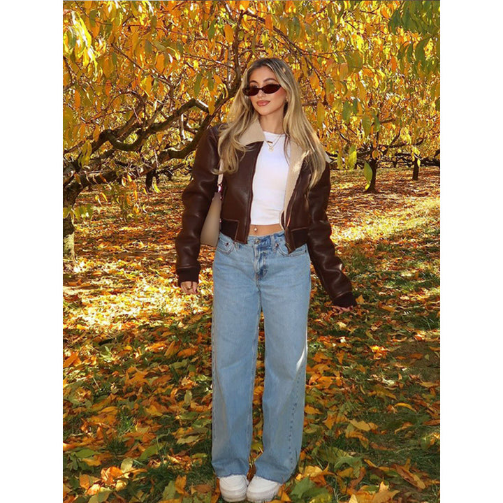 Damen cropped Lederjacke mit schickem Kunstfellkragen Drune