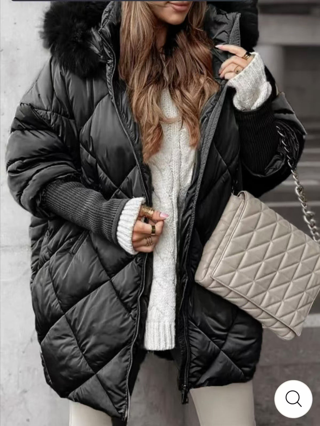 Damen nan weit geschnittener gesteppter Winterparka mit Kapuze Kunstpelzbesatz und Rippbündchen Drune