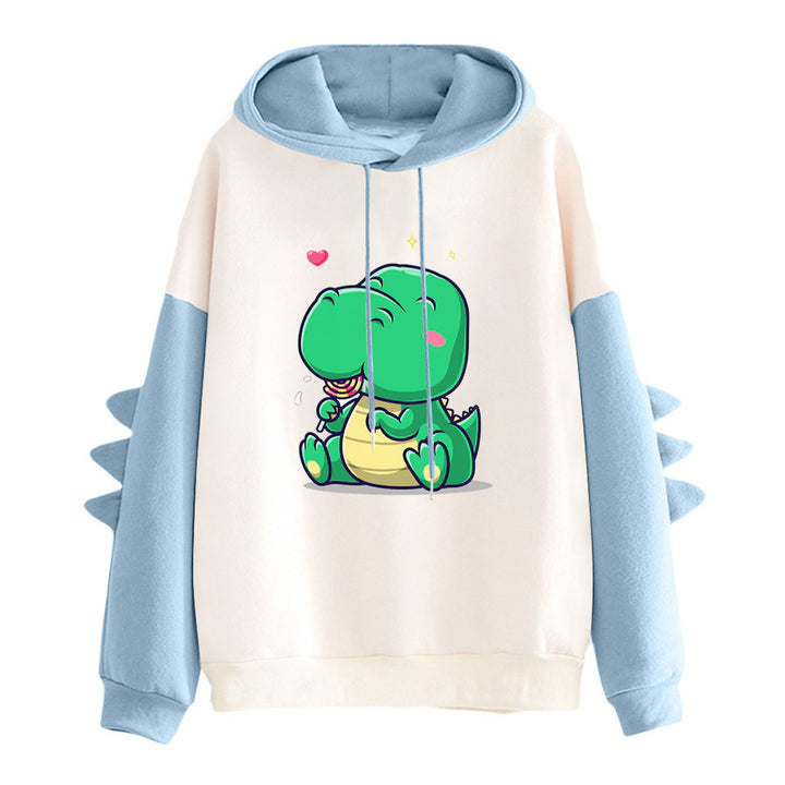 Damen nan Kapuzenpullover mit niedlichem Dinosaurierprint, kuscheligem Innenfutter und dreidimensionalen Ärmeldetails Drune
