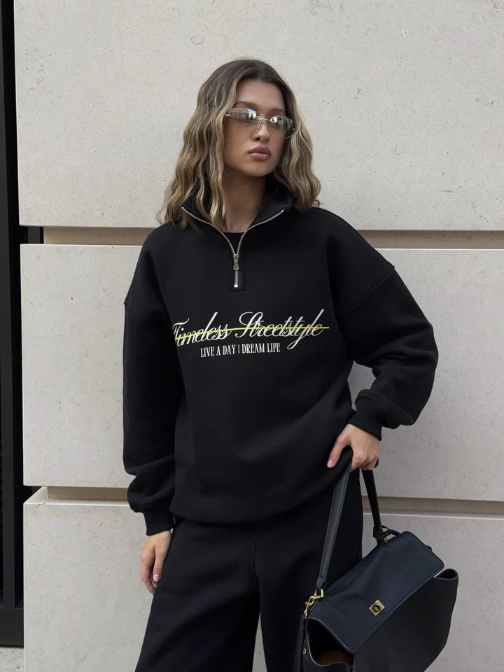 Damen sportlicher Halbärmel Pullover mit durchgehendem Reißverschluss und oversized Schnitt