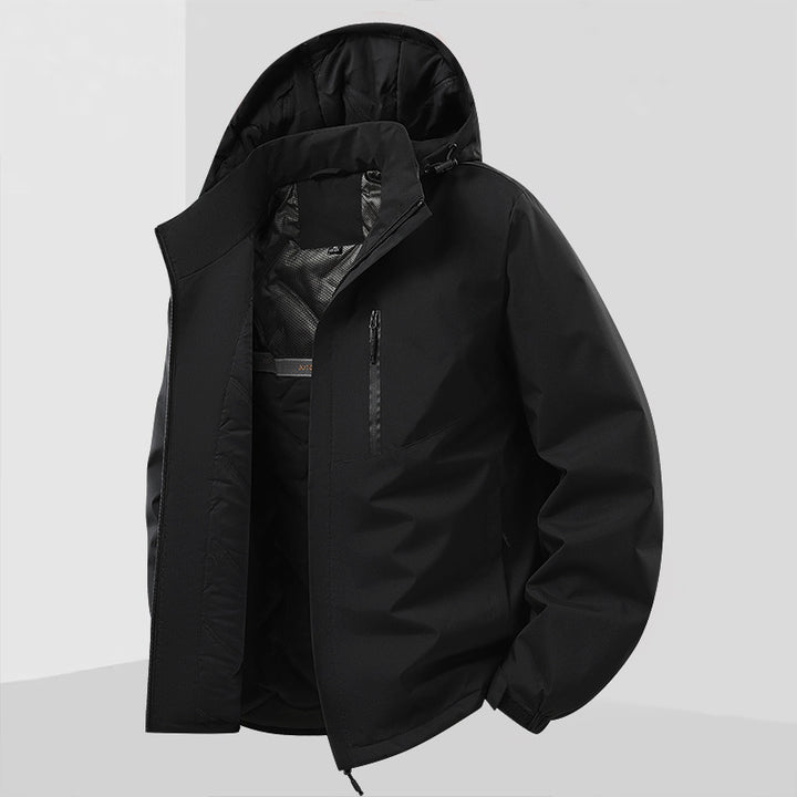 Herren Leichte isolierte Hybrid-Outdoorjacke mit Thermofutter, Kapuze und wasserdichten Reißverschlüssen Drune