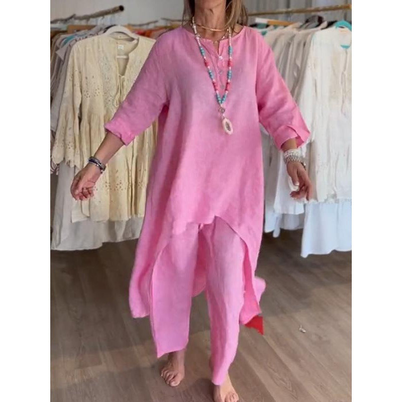Damen Midilanges Leinen-Tunika-Set mit asymmetrischem Saum und weiter Palazzo-Hose Drune