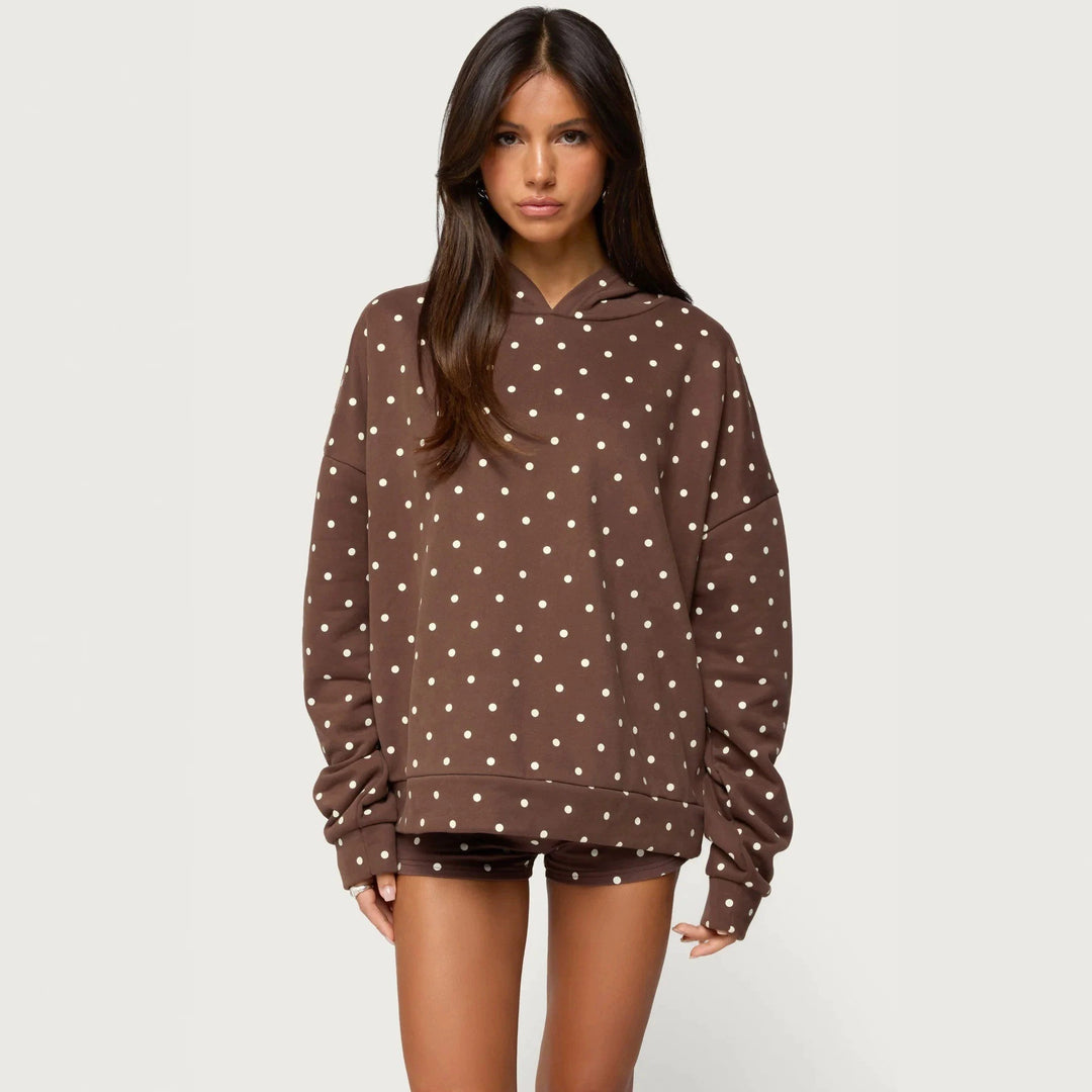 Damen nan gepunktetes Komfort-Set mit Kapuzensweatshirt, Kängurutasche und Shorts Drune