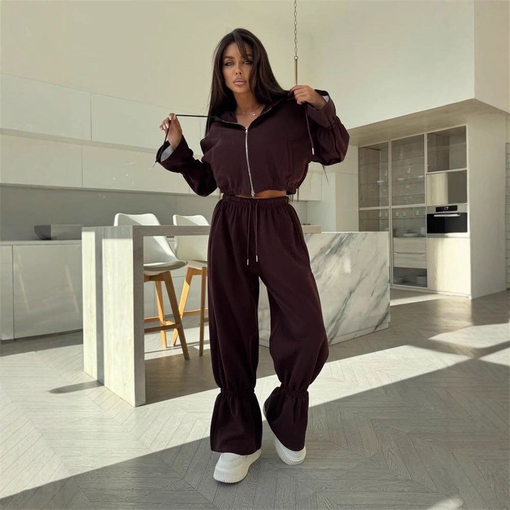 Damen Cropped-Kapuzenjacke mit Reißverschluss und taillierter Tunnelzug-Jogginghose Drune