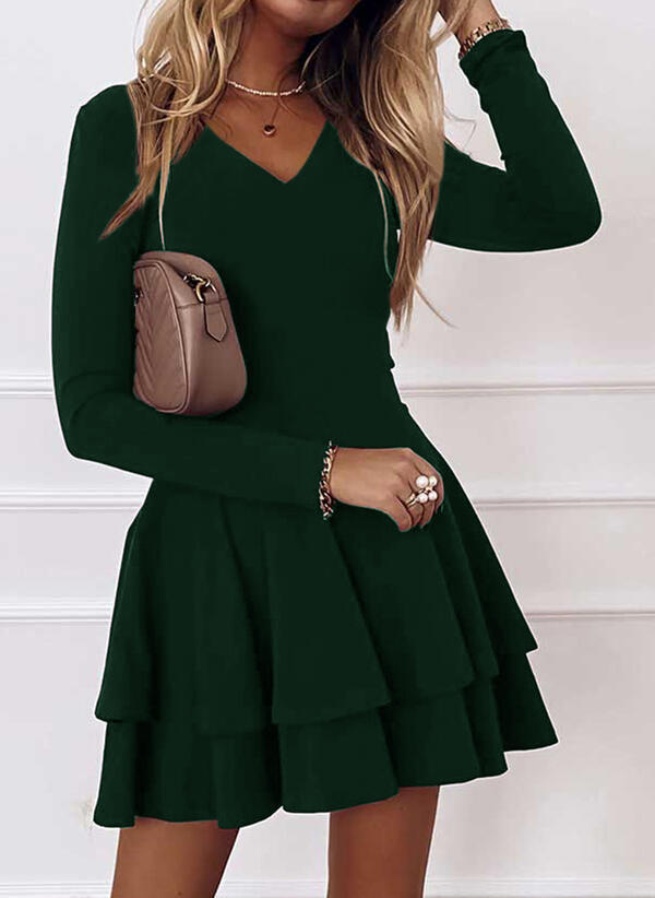 Damen stilvolles Minikleid mit schwingendem Rock und V-Ausschnitt Drune