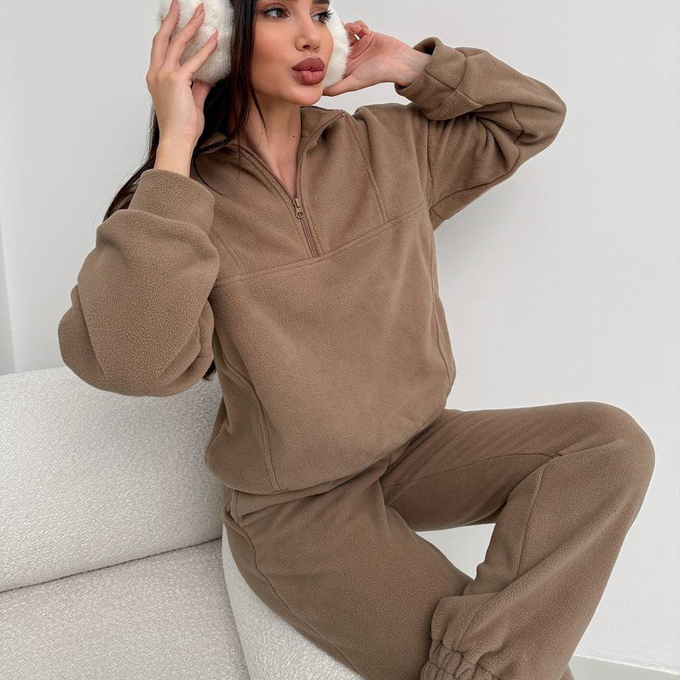 Damen Kuscheliges Fleece-Loungewear-Set mit halbem Reißverschluss und elastischer Jogginghose Drune