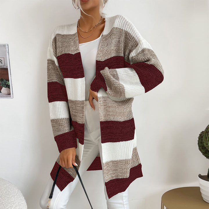 Damen Langer Oversize-Strickcardigan mit Blockstreifen und offener Front Drune