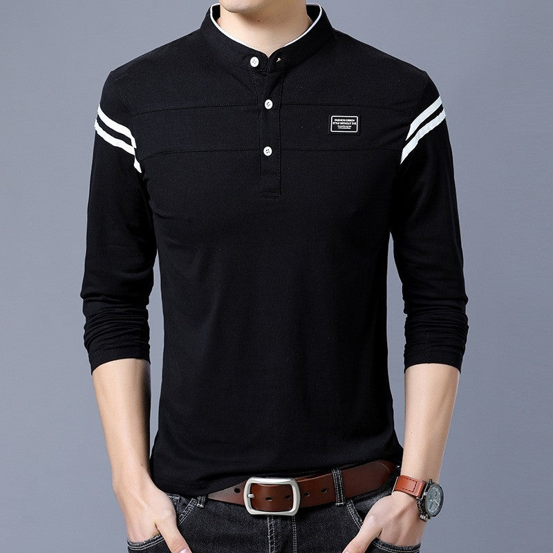 Herren Slim-Fit Langarm-Henley mit Stehkragen und Schulterstreifen Drune