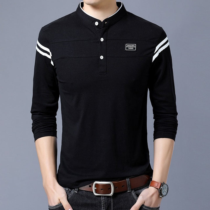 Herren Slim-Fit Langarm-Henley mit Stehkragen und Schulterstreifen Drune