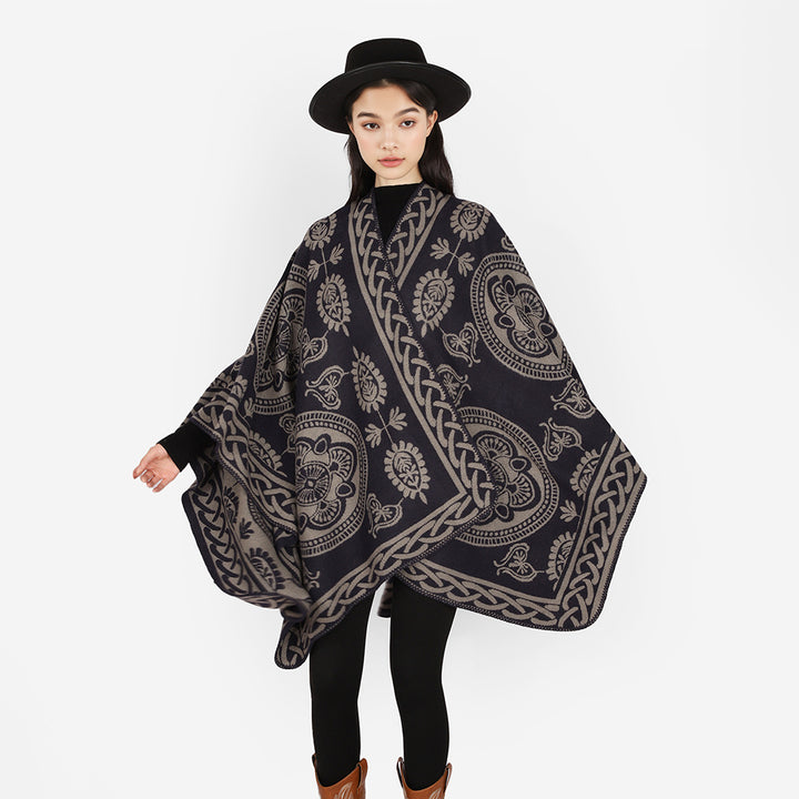 Damen Oversize-Cape mit ornamentalem Jacquard und asymmetrischem Zipfelsaum Drune