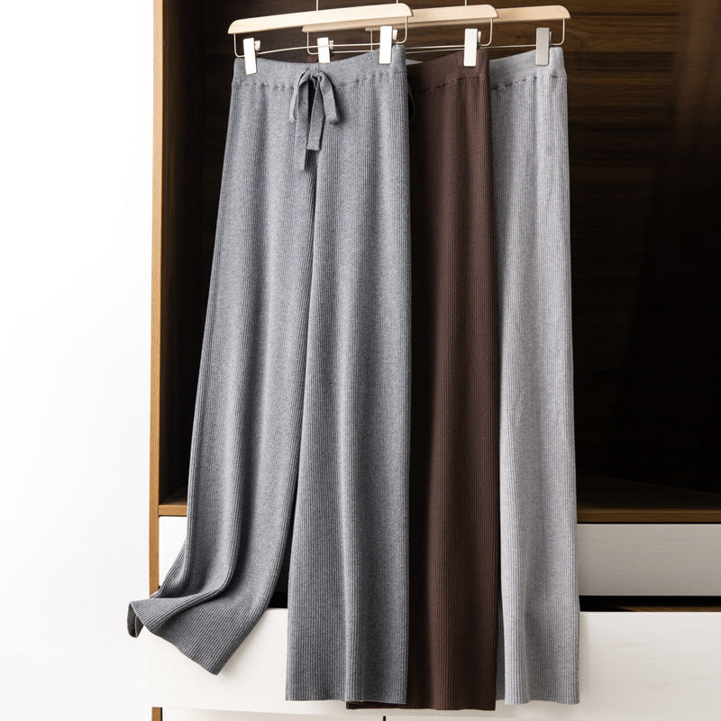 Damen Weite Rippstrick-Hose mit Tunnelzug und fließender Palazzo-Silhouette Drune