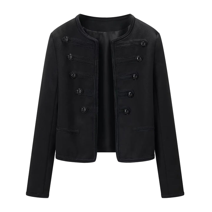 Damen nan kurz geschnittene Militärblusejacke mit Rundhalsausschnitt, dekorativen Kordelbesätzen und glänzenden Kugelknöpfen Drune