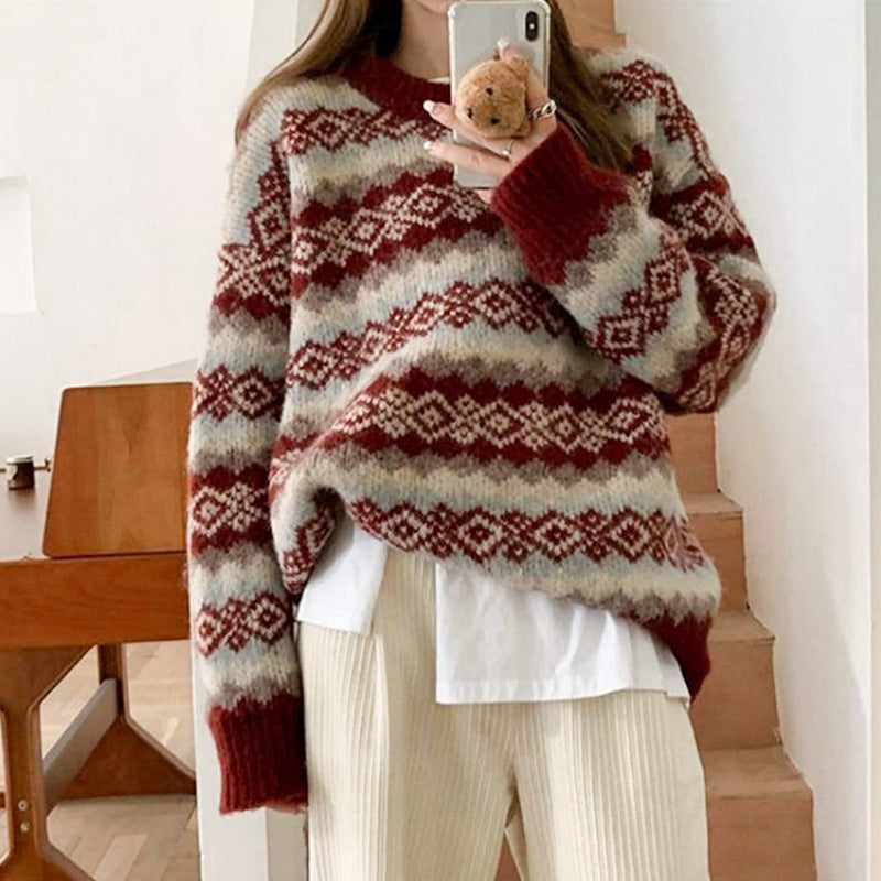 Damen Gemusterter Strickpullover mit herzförmigem Design Drune