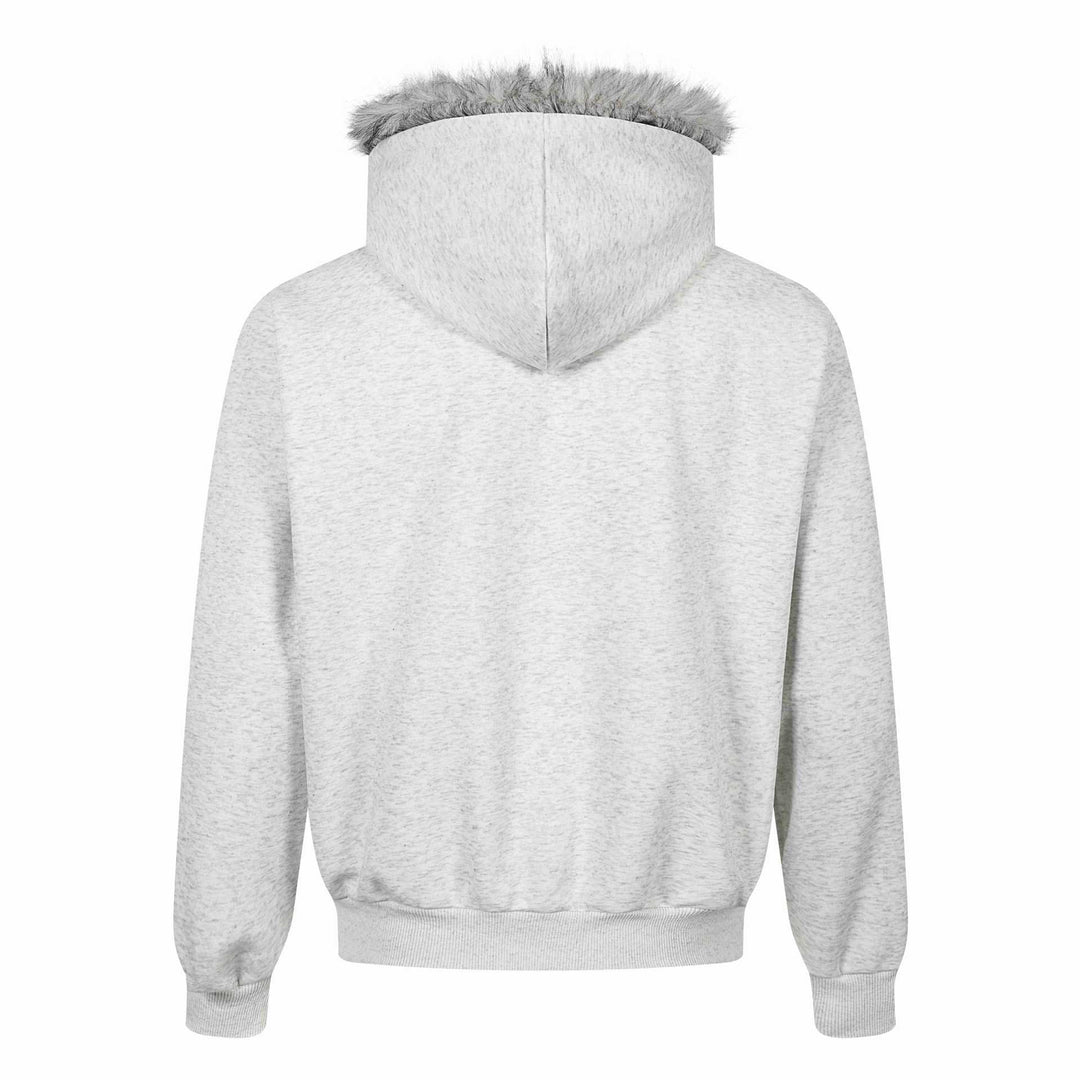 Damen Kapuzen‑Sweatjacke mit Kunstfellbesatz, Frontzip und Collage‑Print Drune
