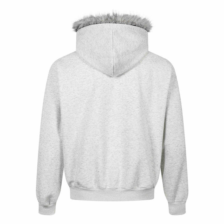 Damen Kapuzen‑Sweatjacke mit Kunstfellbesatz, Frontzip und Collage‑Print Drune